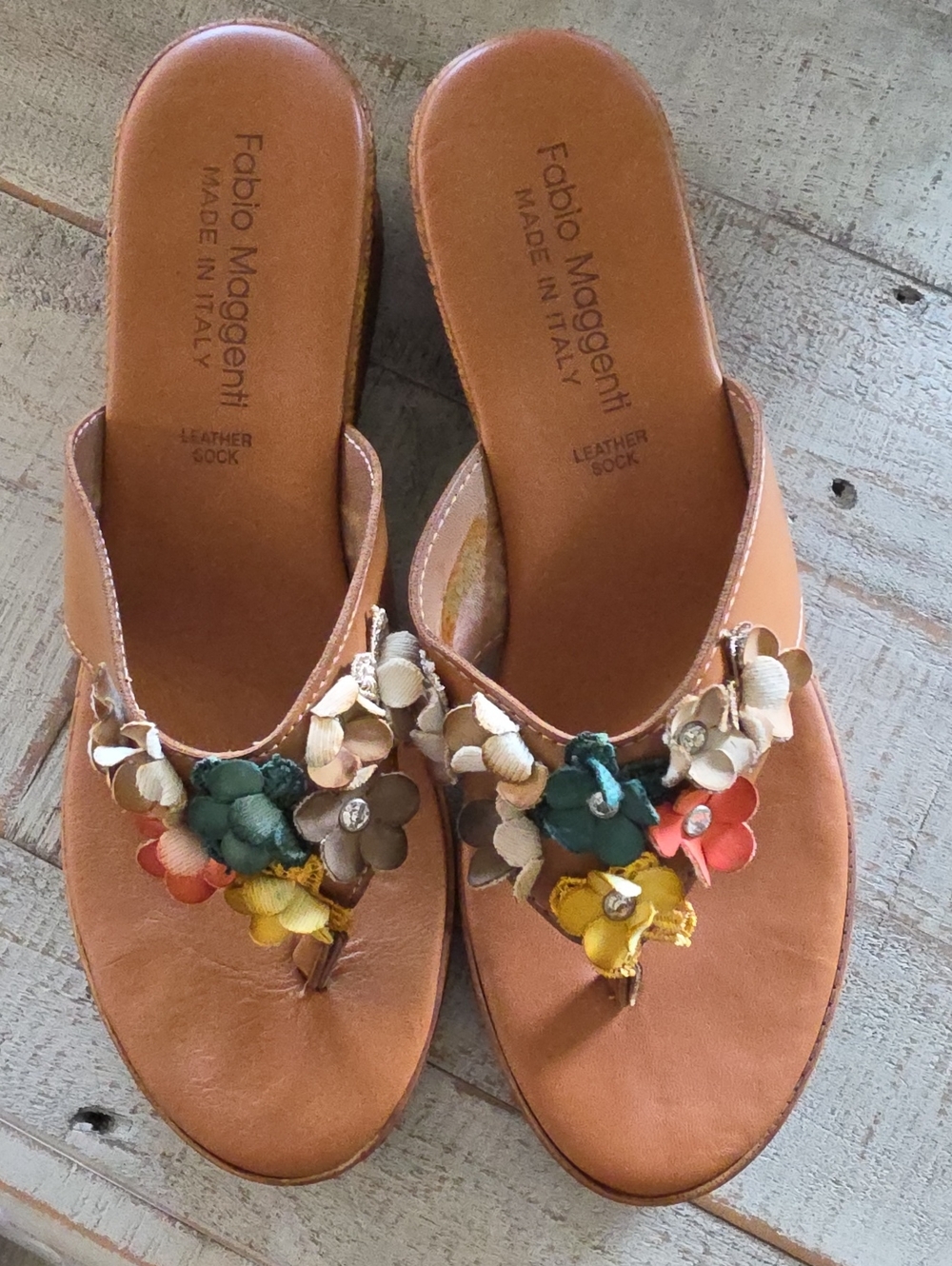 Fabio Maggenti Brown Leather Italian 3D Flower Wedge Sandals Size 9